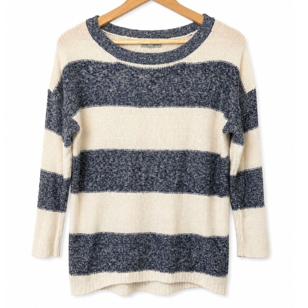Olivia Sky Blue & Ivory Striped Knit Sweater Relaxed Lightweight Crewneck Size S - Picture 2 of 5
